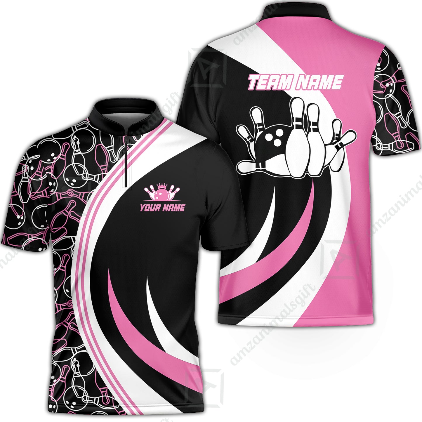 Custom Team Name Black Pink Bowling Team Jersey - Bowling uniforms  Seamless Pattern Bowling Zip Polo Shirts - Uniform Shirt For Bowlers