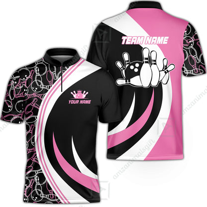 Custom Team Name Black Pink Bowling Team Jersey - Bowling uniforms  Seamless Pattern Bowling Zip Polo Shirts - Uniform Shirt For Bowlers