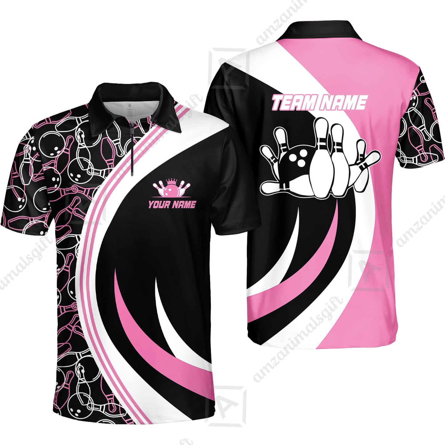 Custom Team Name Black Pink Bowling Team Jersey - Bowling uniforms  Seamless Pattern Bowling Zip Polo Shirts - Uniform Shirt For Bowlers