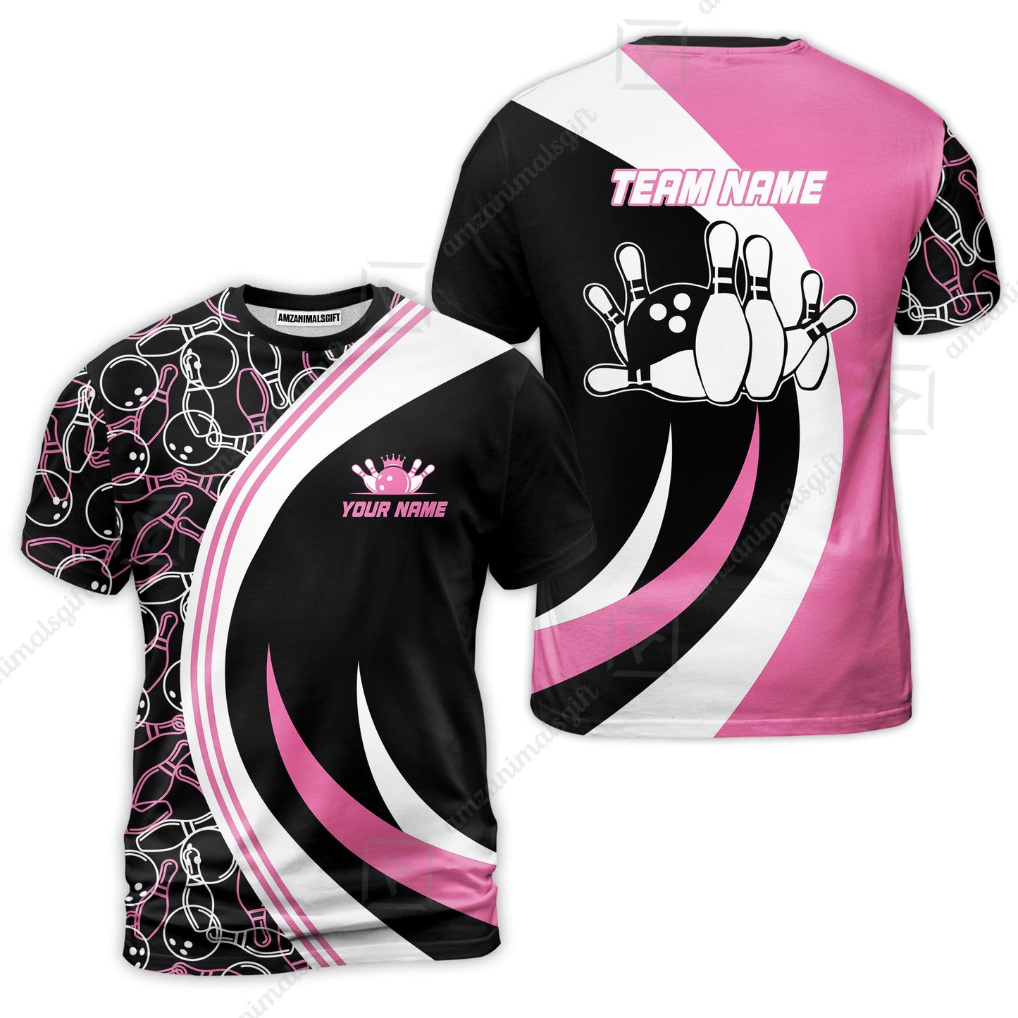Custom Team Name Black Pink Bowling Team Jersey - Bowling uniforms  Seamless Pattern Bowling Zip Polo Shirts - Uniform Shirt For Bowlers
