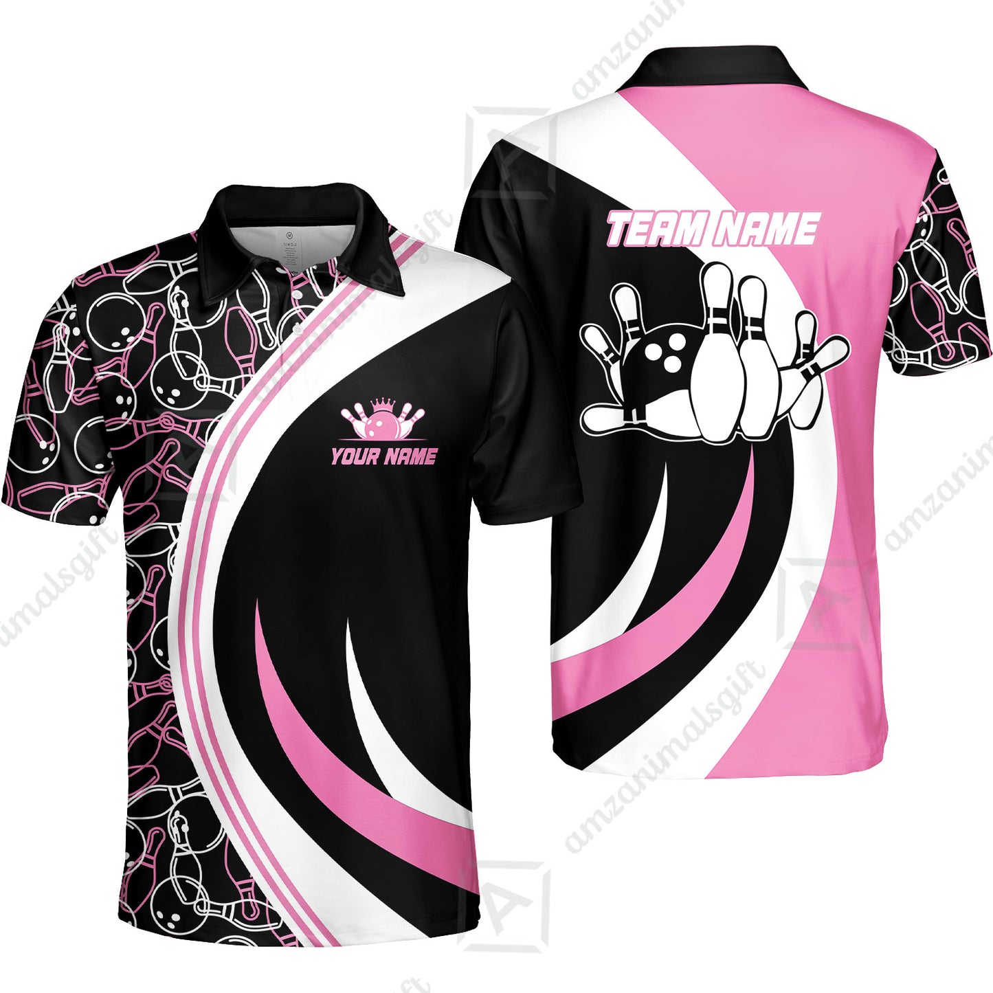 Custom Team Name Black Pink Bowling Team Jersey - Bowling uniforms  Seamless Pattern Bowling Zip Polo Shirts - Uniform Shirt For Bowlers