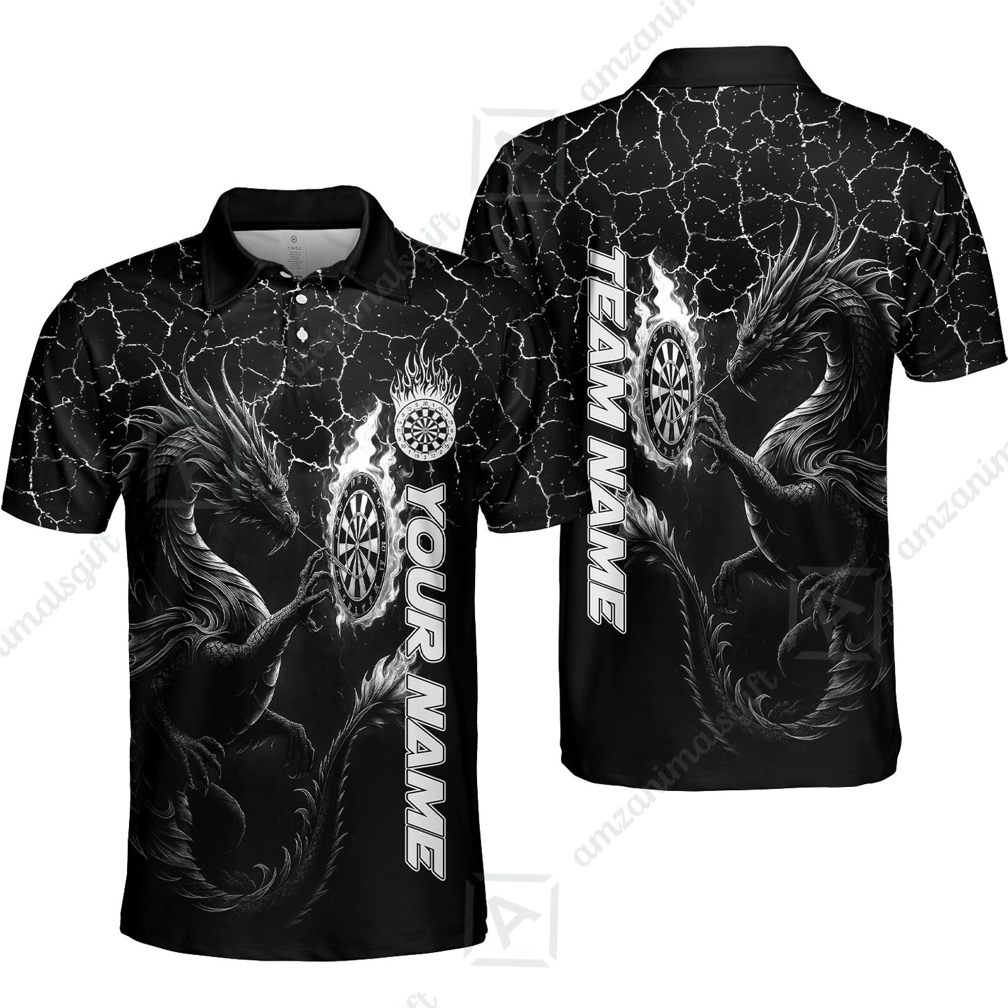 Customized Darts Polo Shirt, Big Dragon Dartboard Flame Darts Polo Shirt Multicolor Team Style, Jersey for Darts Players