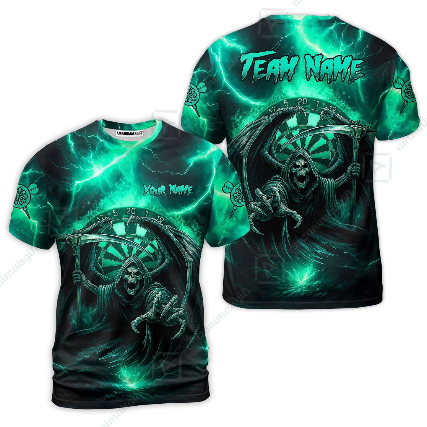 Customized Darts T-Shirt, Darts Grim Reaper Thunder Lightning Turquoise And Blue Team T-Shirt Jersey For Darts Player
