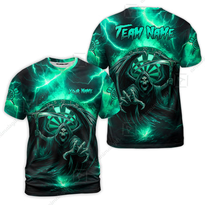 Customized Darts T-Shirt, Darts Grim Reaper Thunder Lightning Turquoise And Blue Team T-Shirt Jersey For Darts Player