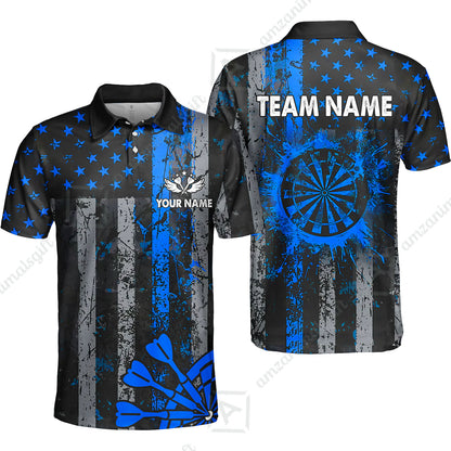 Customized Darts Polo Shirt, Turquoise Grunge US Flag Patriotic Darts Polo Shirt Team Style Jersey for Darts Players