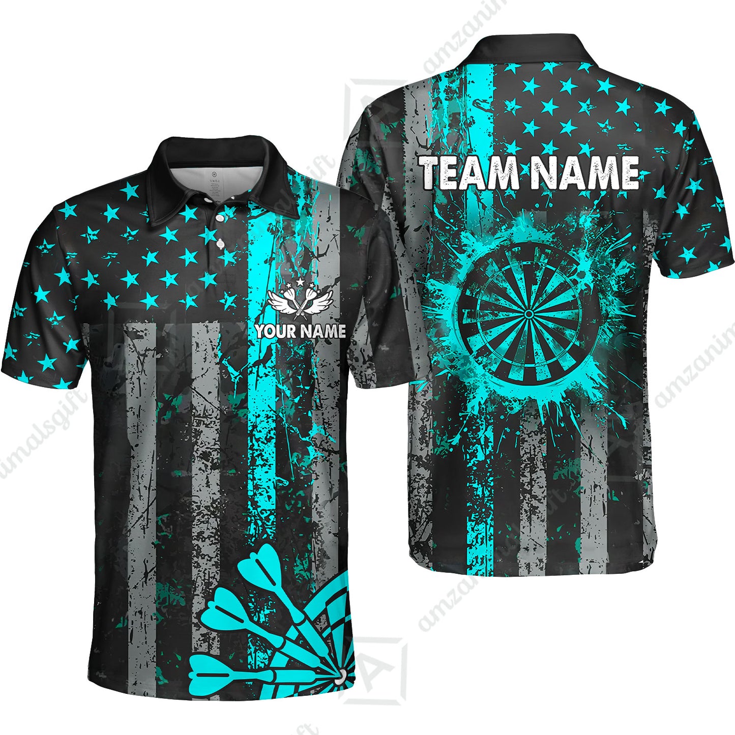 Customized Darts Polo Shirt, Turquoise Grunge US Flag Patriotic Darts Polo Shirt Team Style Jersey for Darts Players
