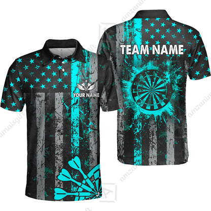 Customized Darts Polo Shirt, Turquoise Grunge US Flag Patriotic Darts Polo Shirt Team Style Jersey for Darts Players