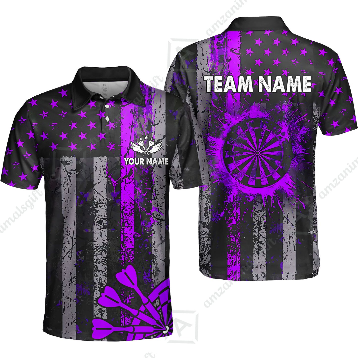 Customized Darts Polo Shirt, Turquoise Grunge US Flag Patriotic Darts Polo Shirt Team Style Jersey for Darts Players