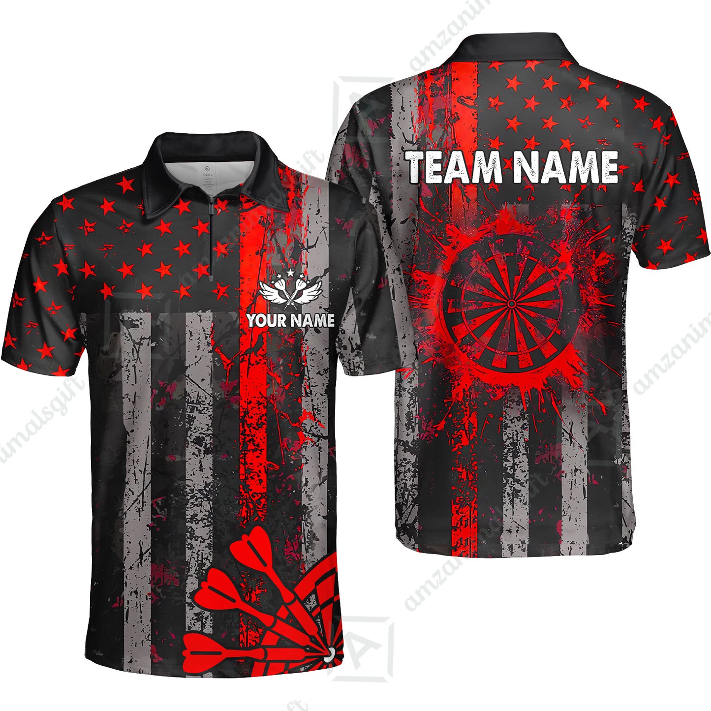 Customized Darts Quarter-Zip Polo Shirt, Turquoise Grunge US Flag Patriotic Darts Zip Polo Team Jersey for Darts Players