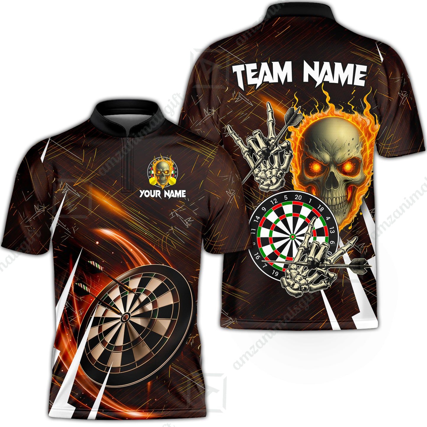 Custom Darts Polo Team Jersey, Skull Fire Bones Darts Jersey Polo Quarter-Zip Shirts, Custom Name And Team Name Darts Uniforms Jersey