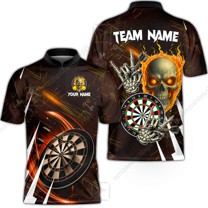 Custom Darts Polo Team Jersey, Skull Fire Bones Darts Jersey Polo Quarter-Zip Shirts, Custom Name And Team Name Darts Uniforms Jersey