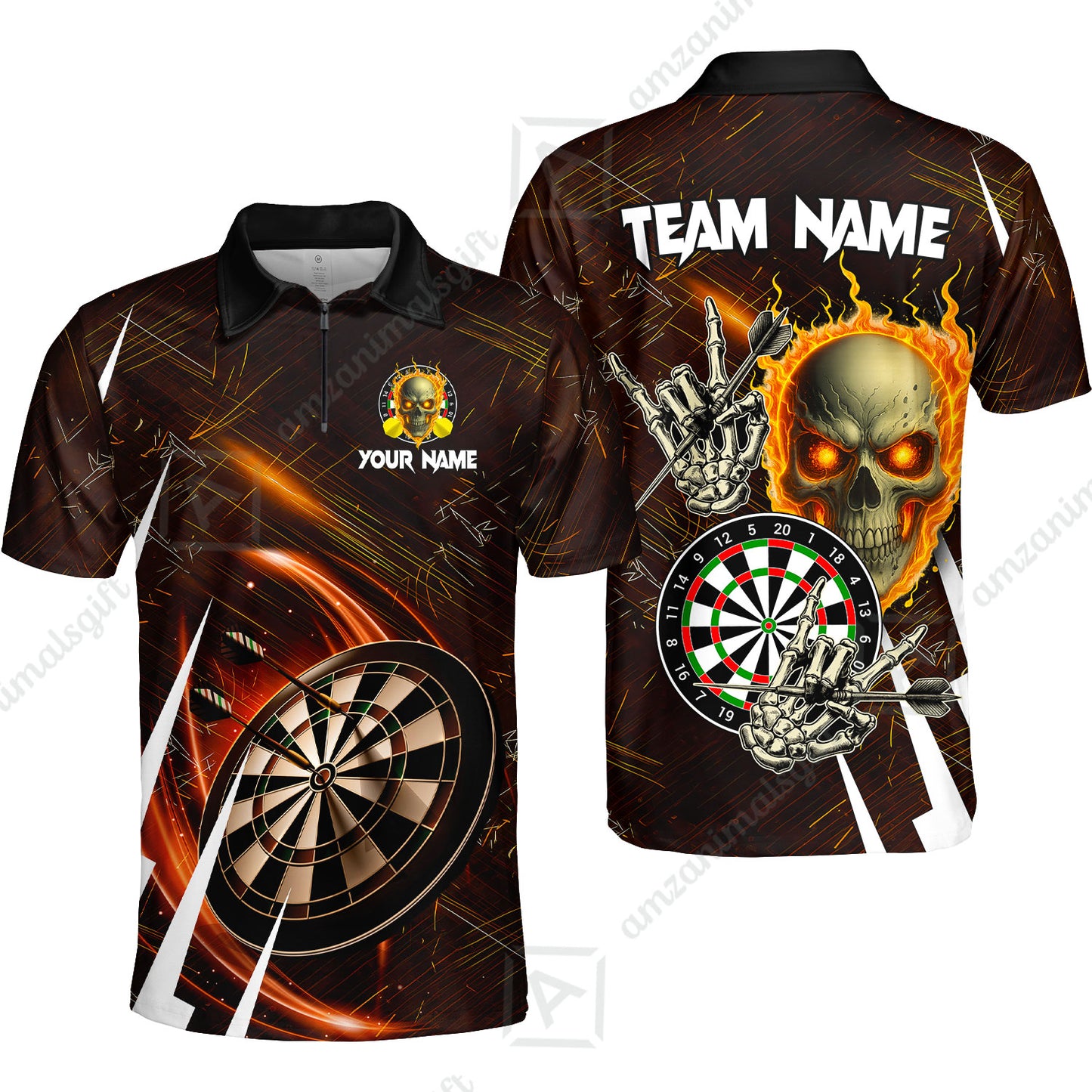 Custom Darts Polo Team Jersey, Skull Fire Bones Darts Jersey Polo Quarter-Zip Shirts, Custom Name And Team Name Darts Uniforms Jersey