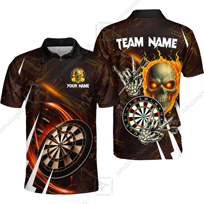 Custom Darts Polo Team Jersey, Skull Fire Bones Darts Jersey Polo Quarter-Zip Shirts, Custom Name And Team Name Darts Uniforms Jersey