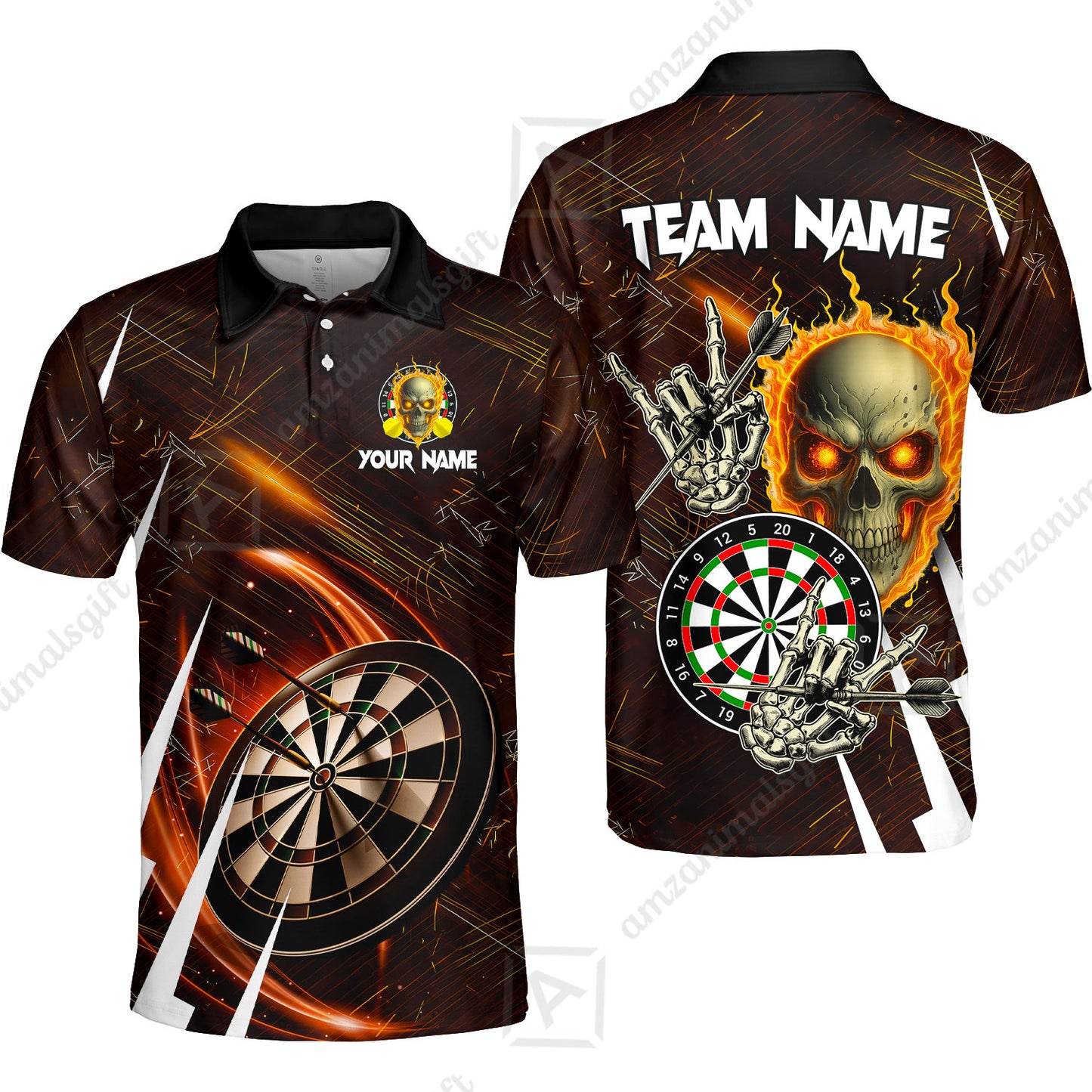 Custom Darts Polo Team Jersey, Skull Fire Bones Darts Jersey Polo Quarter-Zip Shirts, Custom Name And Team Name Darts Uniforms Jersey