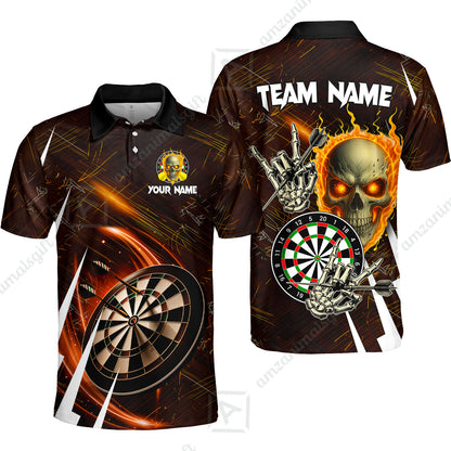 Custom Darts Polo Team Jersey, Skull Fire Bones Darts Jersey Polo Quarter-Zip Shirts, Custom Name And Team Name Darts Uniforms Jersey