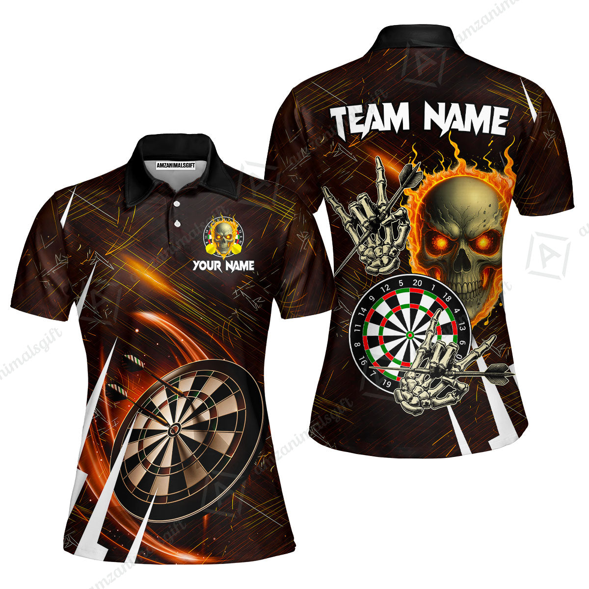 Custom Darts Polo Team Jersey, Skull Fire Bones Darts Jersey Polo Quarter-Zip Shirts, Custom Name And Team Name Darts Uniforms Jersey