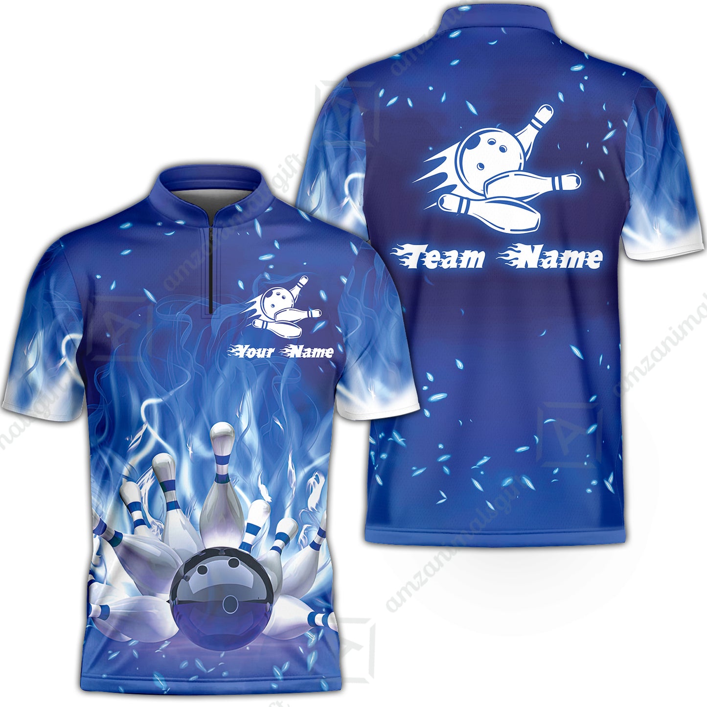 Bowling Men Polo Shirt Custom Name - Bowling On Blue Fire Personalized Bowling Polo Shirt