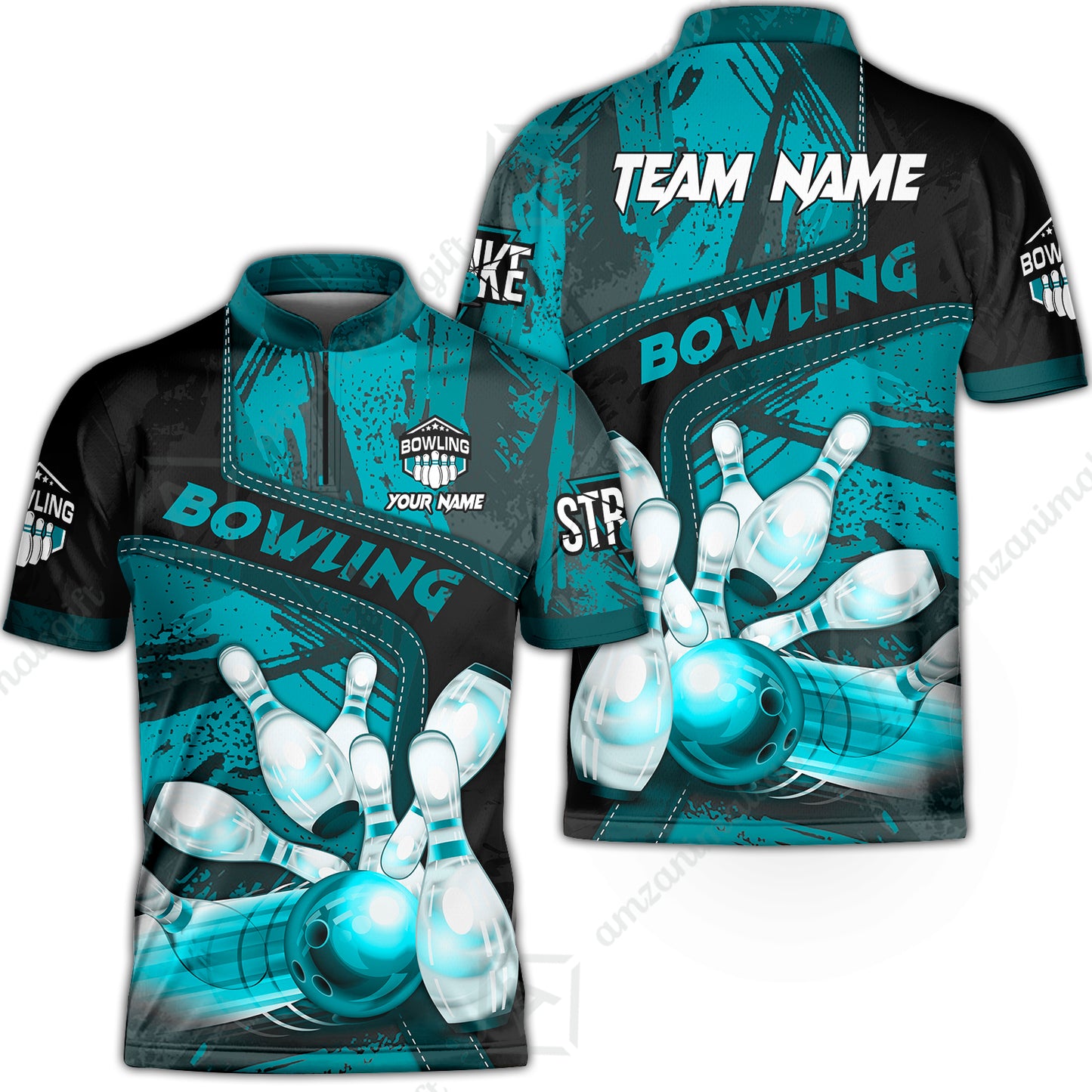 Custom Bowling Team Quater-Zip Polo Shirts, Bowling Uniforms Jerseys Brush Patterns, Multi Colors Personalized Name And Team Name