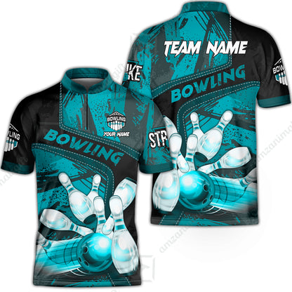 Custom Bowling Team Quater-Zip Polo Shirts, Bowling Uniforms Jerseys Brush Patterns, Multi Colors Personalized Name And Team Name