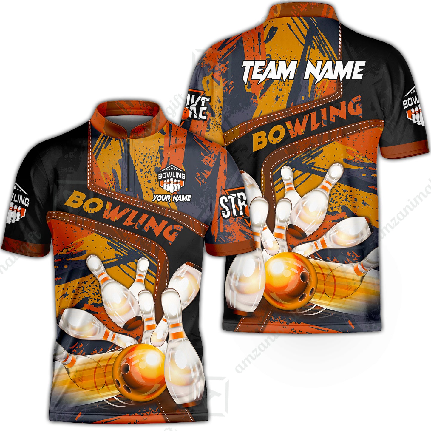 Custom Bowling Team Quater-Zip Polo Shirts, Bowling Uniforms Jerseys Brush Patterns, Multi Colors Personalized Name And Team Name