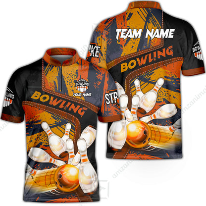Custom Bowling Team Quater-Zip Polo Shirts, Bowling Uniforms Jerseys Brush Patterns, Multi Colors Personalized Name And Team Name