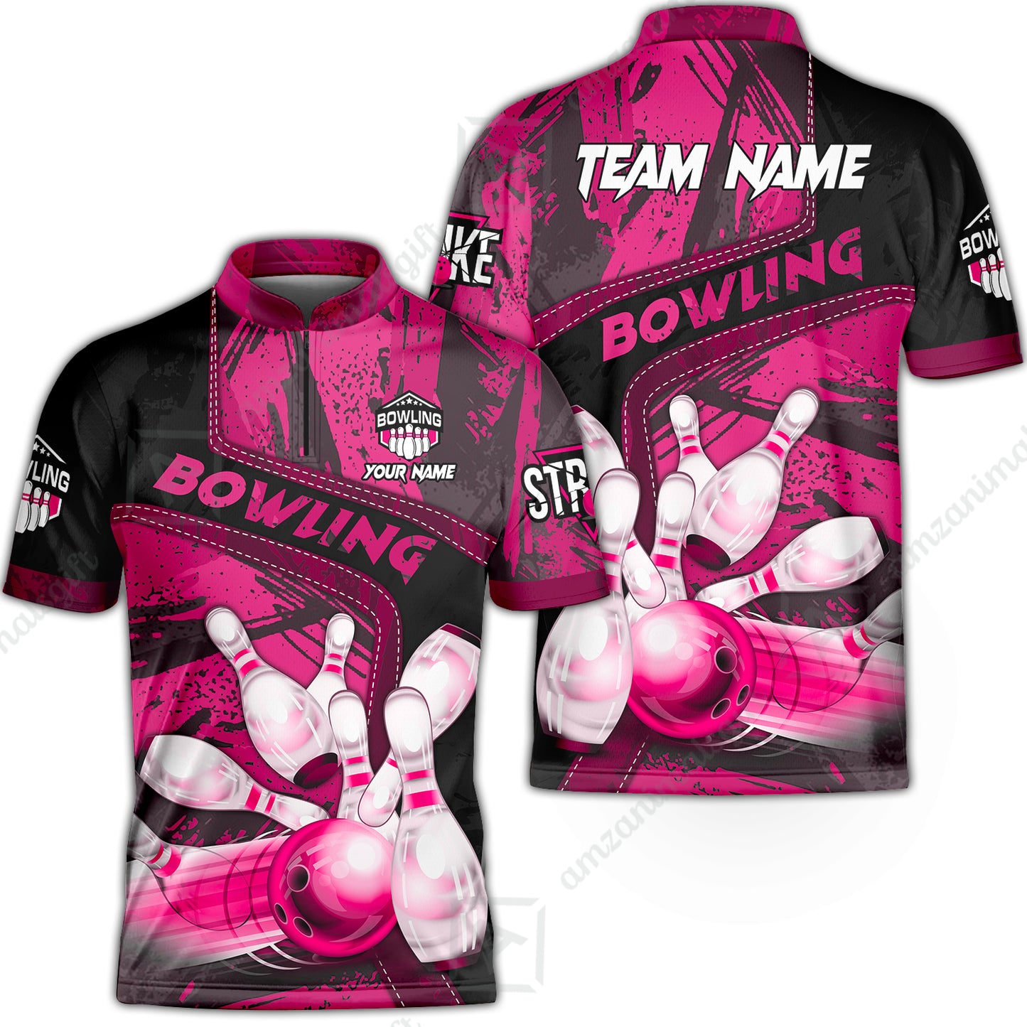 Custom Bowling Team Quater-Zip Polo Shirts, Bowling Uniforms Jerseys Brush Patterns, Multi Colors Personalized Name And Team Name