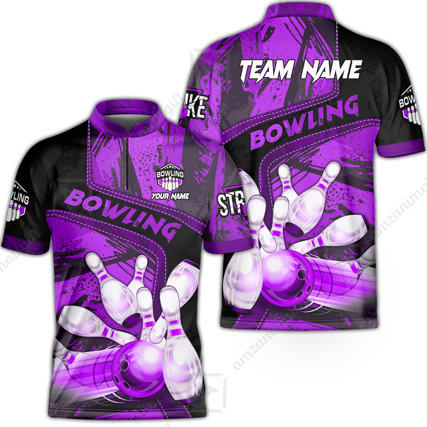Custom Bowling Team Quater-Zip Polo Shirts, Bowling Uniforms Jerseys Brush Patterns, Multi Colors Personalized Name And Team Name