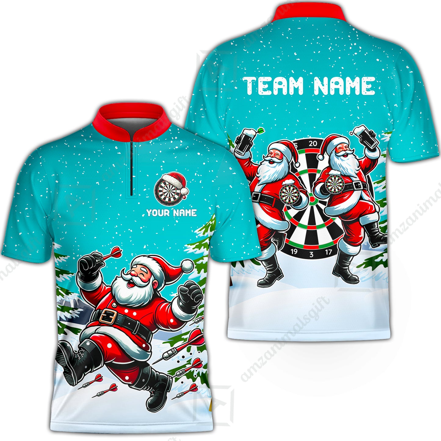 Custom Funny Santa Darts Team Unisex Polo Shirts, Darts uniforms Funny Santa Personalized Name And Team Name