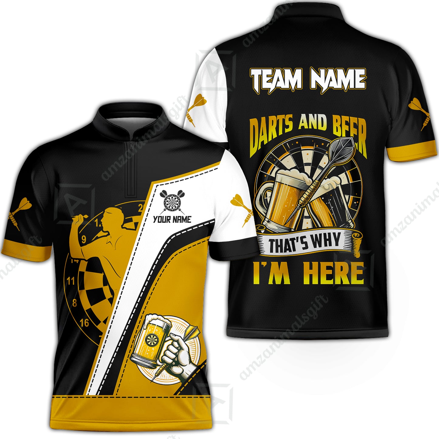 Custom Dart and Beer Jersey Polo Quarter-Zip Team Shirts, That's Why I'm Here Customized Name Team Name Darts Team Jerseys Uniform
