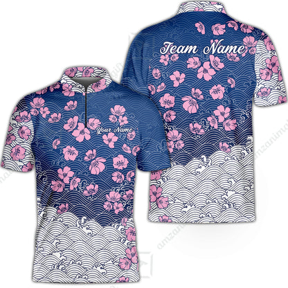 Customized Bowling Quarter-Zip Jersey Polo Shirts, Flowers Cherry Blossom Bowling Shirt For Tournament Team Men Women Bowlers