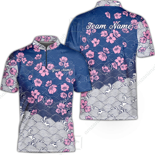 Customized Bowling Quarter-Zip Jersey Polo Shirts, Flowers Cherry Blossom Bowling Shirt For Tournament Team Men Women Bowlers