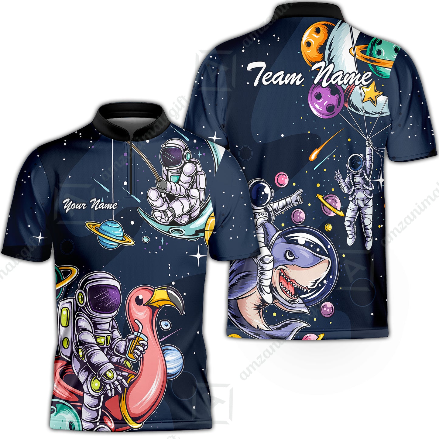 Customized Bowling Unisex Polo Shirt, Galaxy Astronaut, Bowling Uniforms, Personalized Name And Team Name