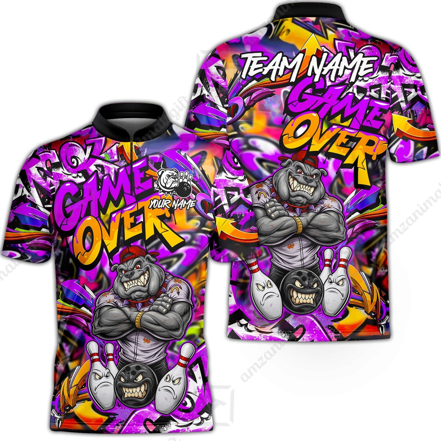 Customized Bowling Unisex Polo Shirt, Cool BullDog With Angry Bowling Game Over - Personalized Name And Team Name