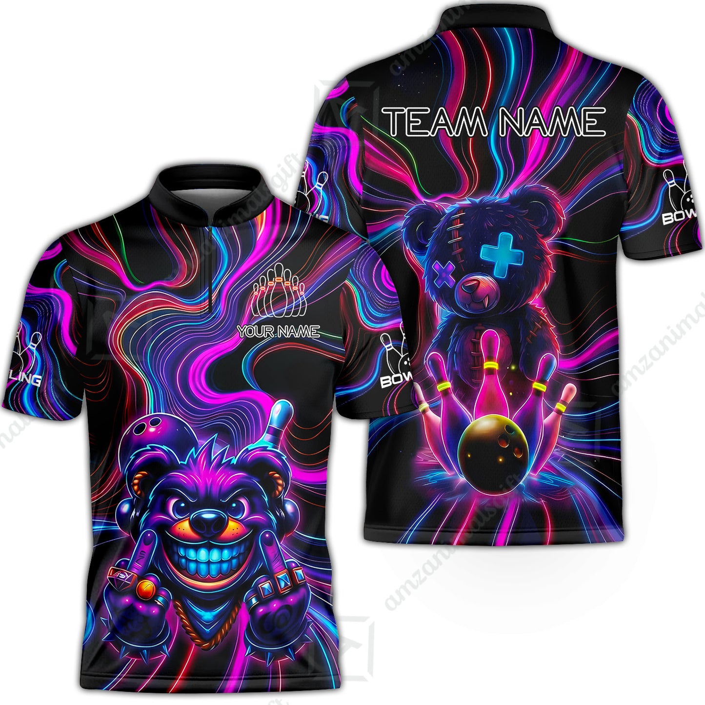 Customized Bowling Unisex Polo Shirt, Crazy Neon Bear Bowling Strike, Bowling Uniform - Personalized Name And Team Name