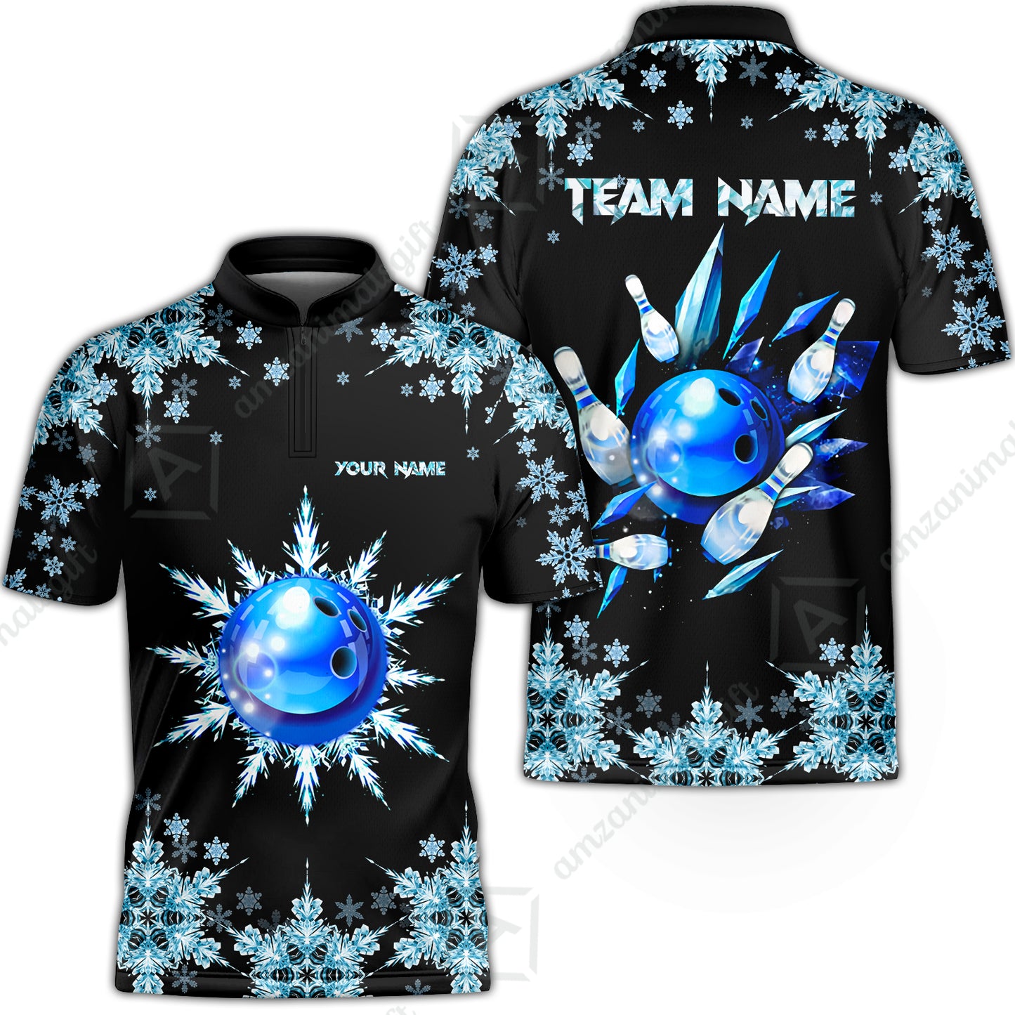 Snowflake Ice Custom Bowling Team Jerseys Polo Shirts, Christmas Ice Bowling uniforms - Bowling Polo Personalized Name And Team Name