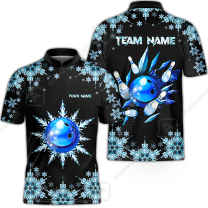 Snowflake Ice Custom Bowling Team Jerseys Polo Shirts, Christmas Ice Bowling uniforms - Bowling Polo Personalized Name And Team Name