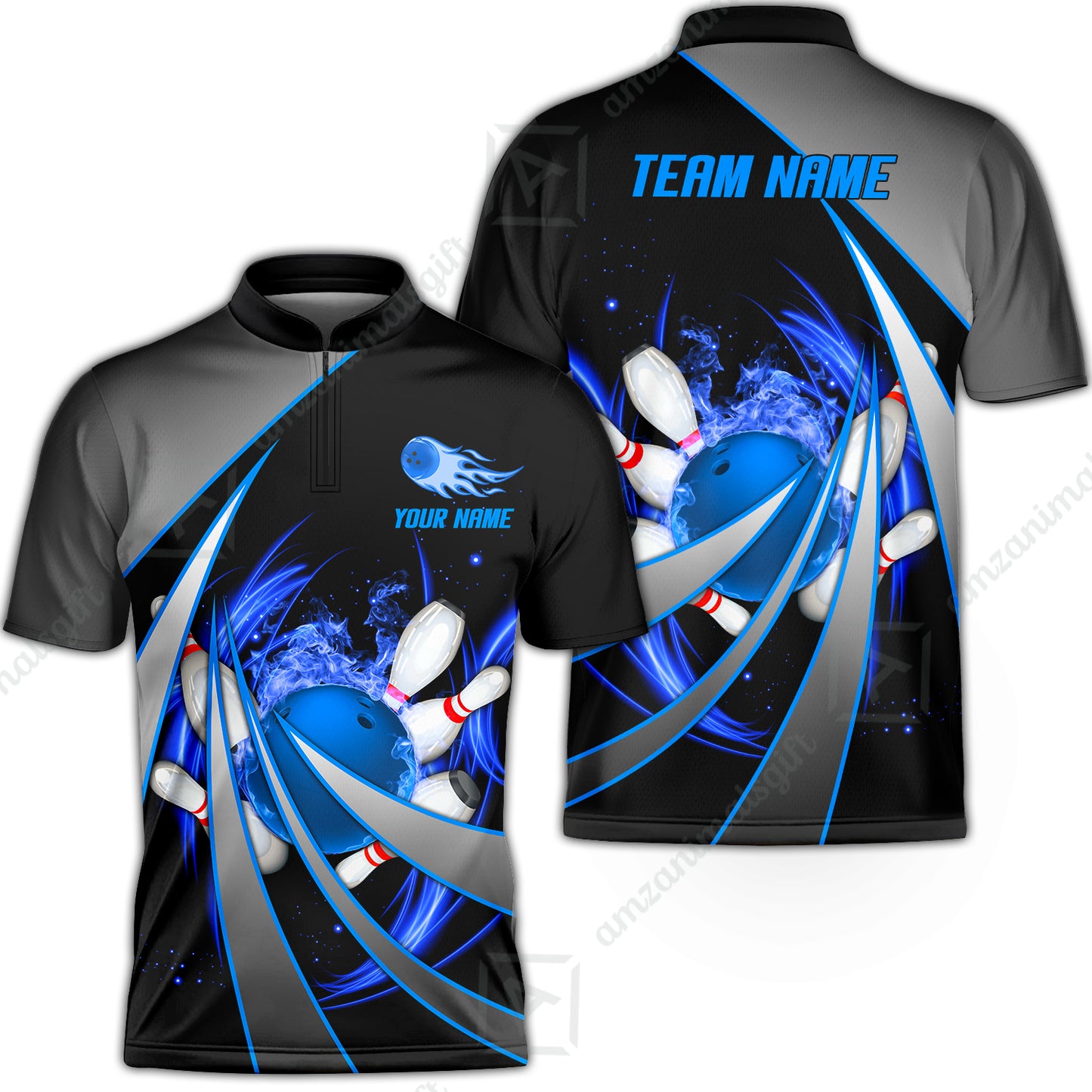 Customized Bowling Unisex Polo, Flame Bowling And Pins Tornado Pattern Multicolor Option Customized Name Zipper Polo Jerseys Shirts