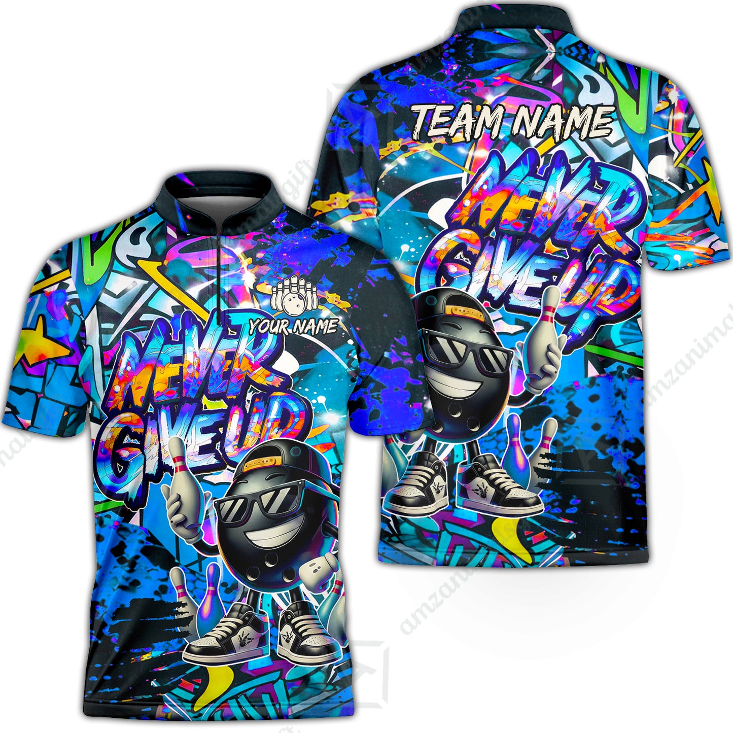 Customized Bowling Unisex Polo Shirt, Graffiti Bowling Funny Never Give Up Bowling Uniform, Personalized Name And Team Name