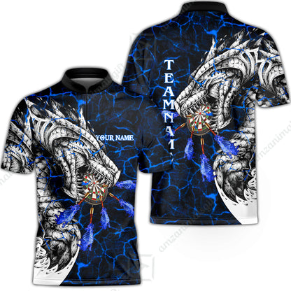 Customized Darts Team Flat Neck Zipper Jersey, Darts And Dragon With Magma Personalized Team Shirt For Darts Players