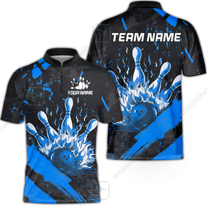 Customized Bowling Unisex Polo Shirt, Bowling And Pins Grunge Flame, Bowling Uniform - Personalized Name And Team Name