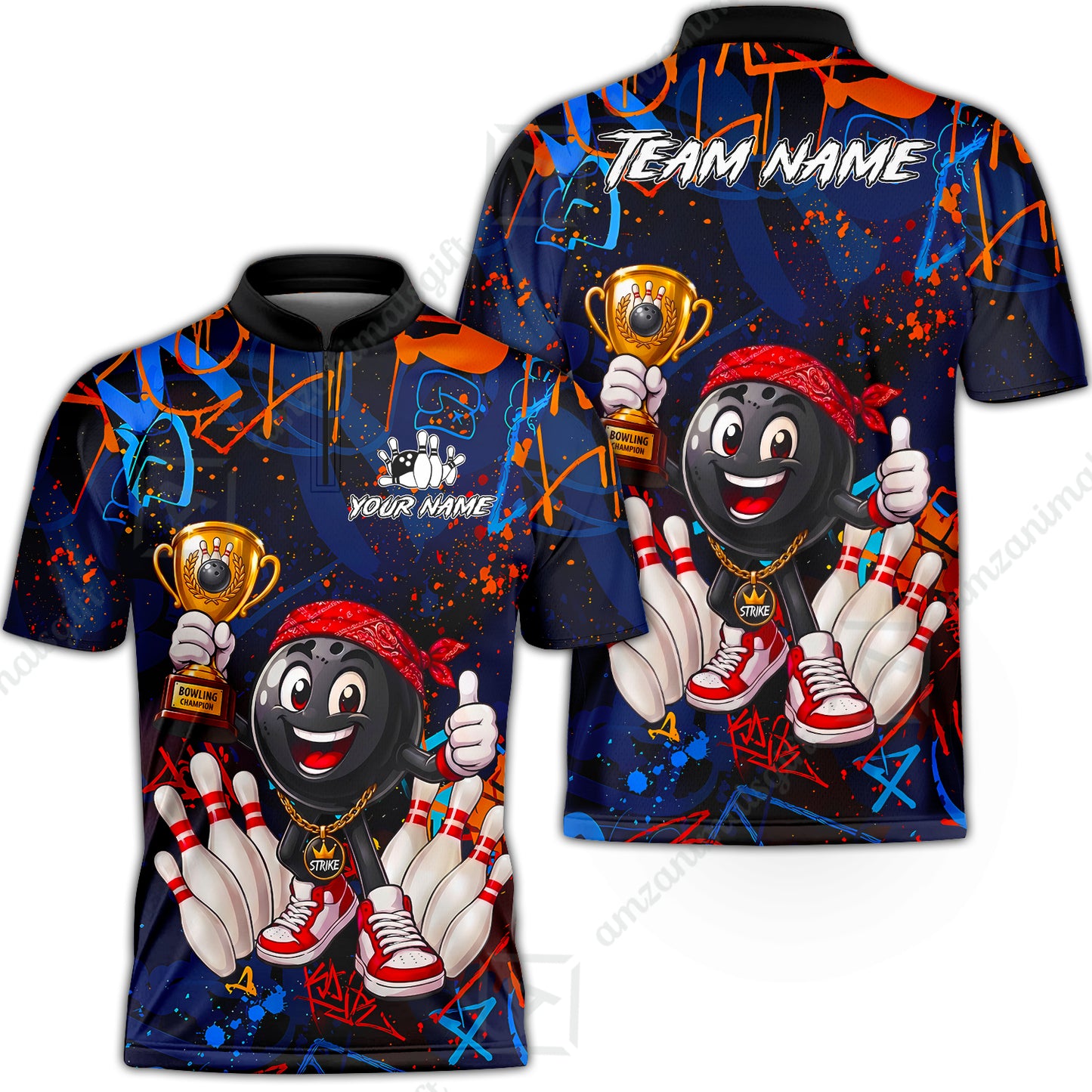 Custom Bowling Jersey Polo Shirt, Graffiti Champion, Custom Bowling Jersey Team Shirt For Players With Name & Team Name