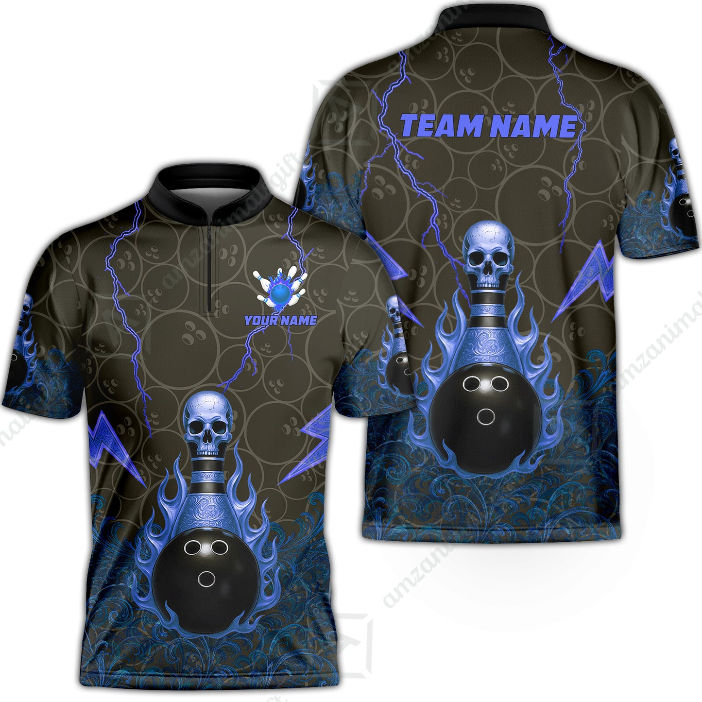 Custom Bowling Team Unisex Polo Shirt, Thunder Skull Strike Personalized Team Shirt, Custom Name and Team Name for Bowlers