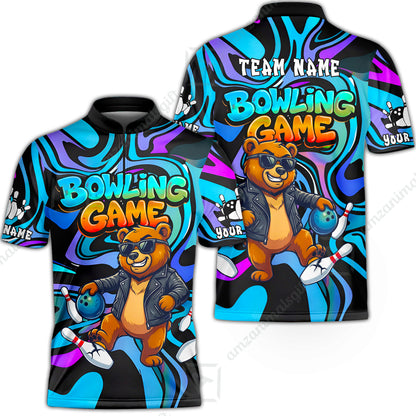 Custom Bowling Jersey Polo Shirt, Trippy Swirl Rocker Bear Graffiti Style, Custom Bowling Jersey Team Shirt For Players With Name & Team Name