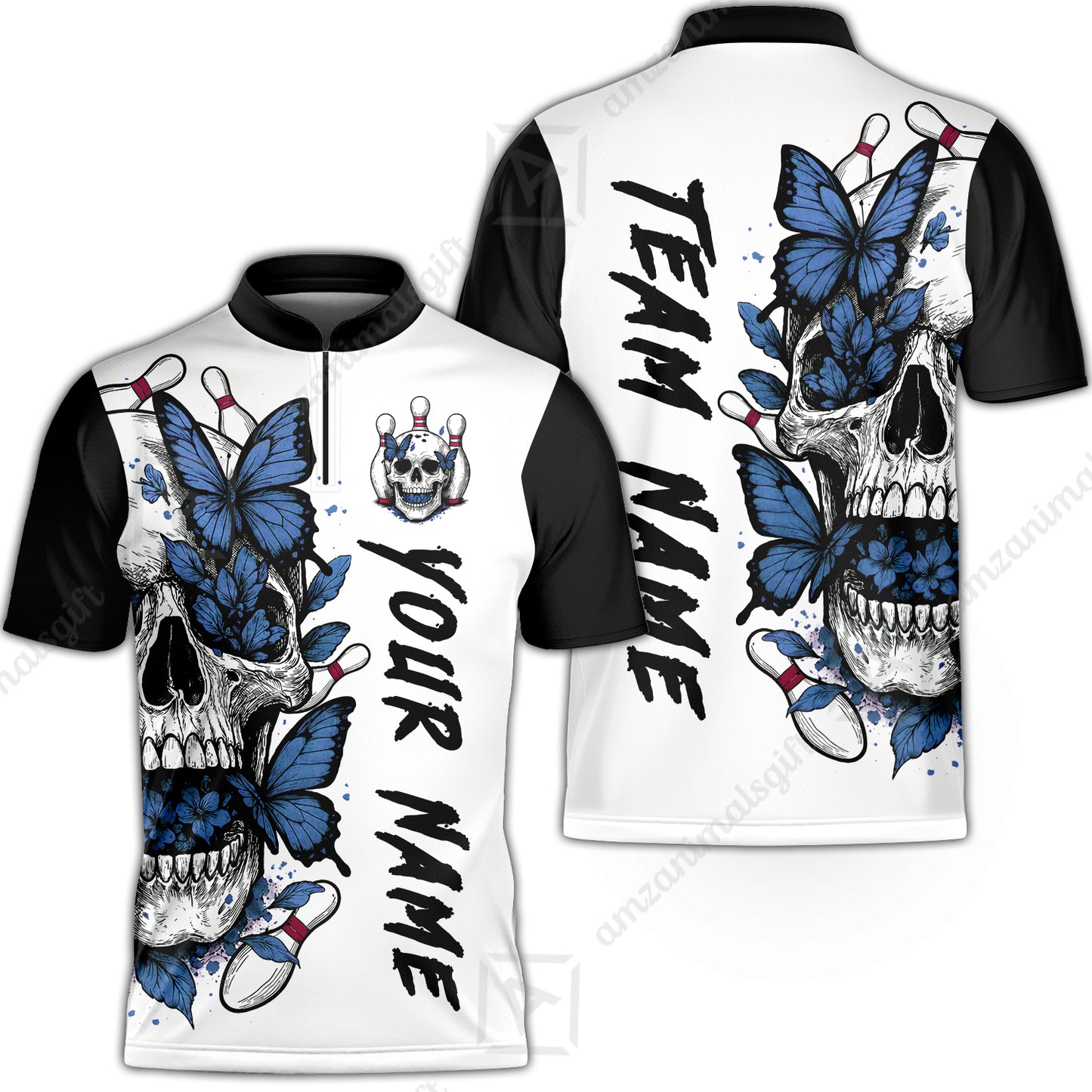 Custom Bowling Jersey Polo Shirt, Skull With Butterfly, Custom Bowling Jersey Team Shirt For Players With Name and Team Name