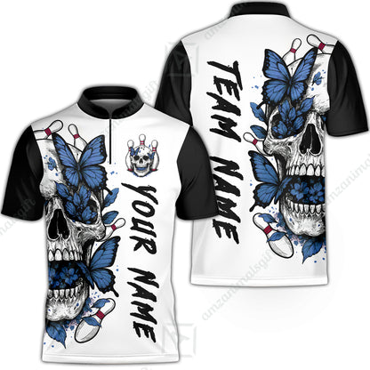 Custom Bowling Jersey Polo Shirt, Skull With Butterfly, Custom Bowling Jersey Team Shirt For Players With Name and Team Name