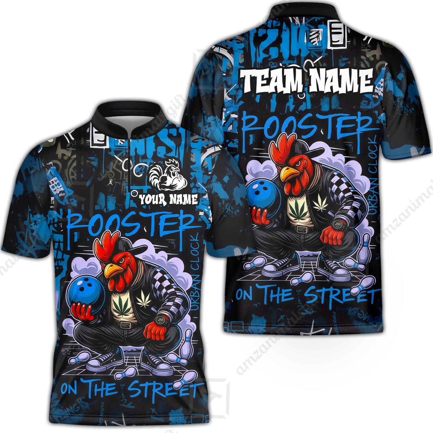 Customized Bowling Unisex Polo Shirt, Urban Streetwear Chicken Bowling Rooster On The Street, Personalized Name Team Name