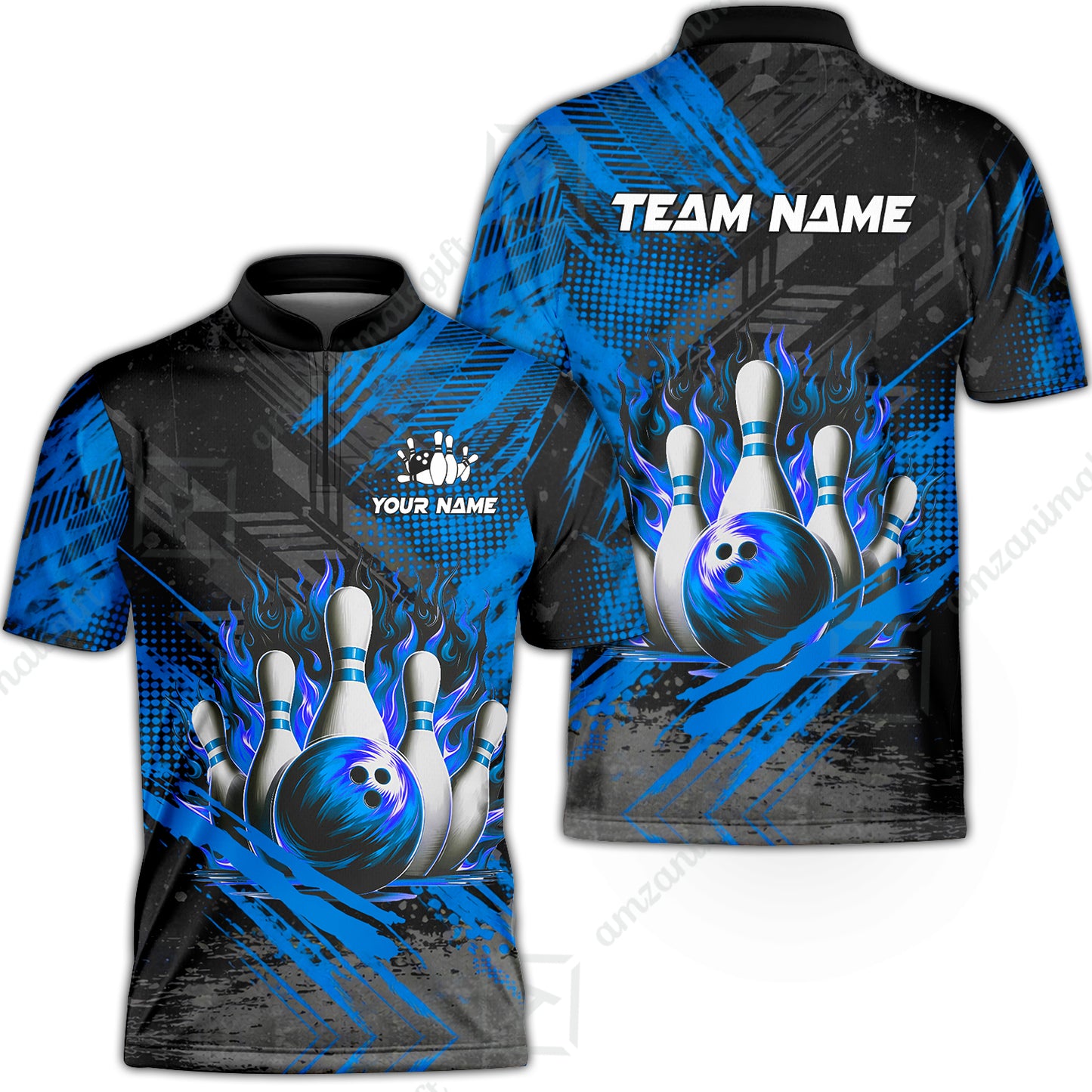 Custom Bowling Team Quarter-Zip Polo Shirt, Personalized Flame Bowling Jersey with Name & Team Name for Men & Women