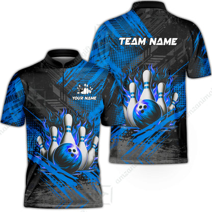 Custom Bowling Team Quarter-Zip Polo Shirt, Personalized Flame Bowling Jersey with Name & Team Name for Men & Women