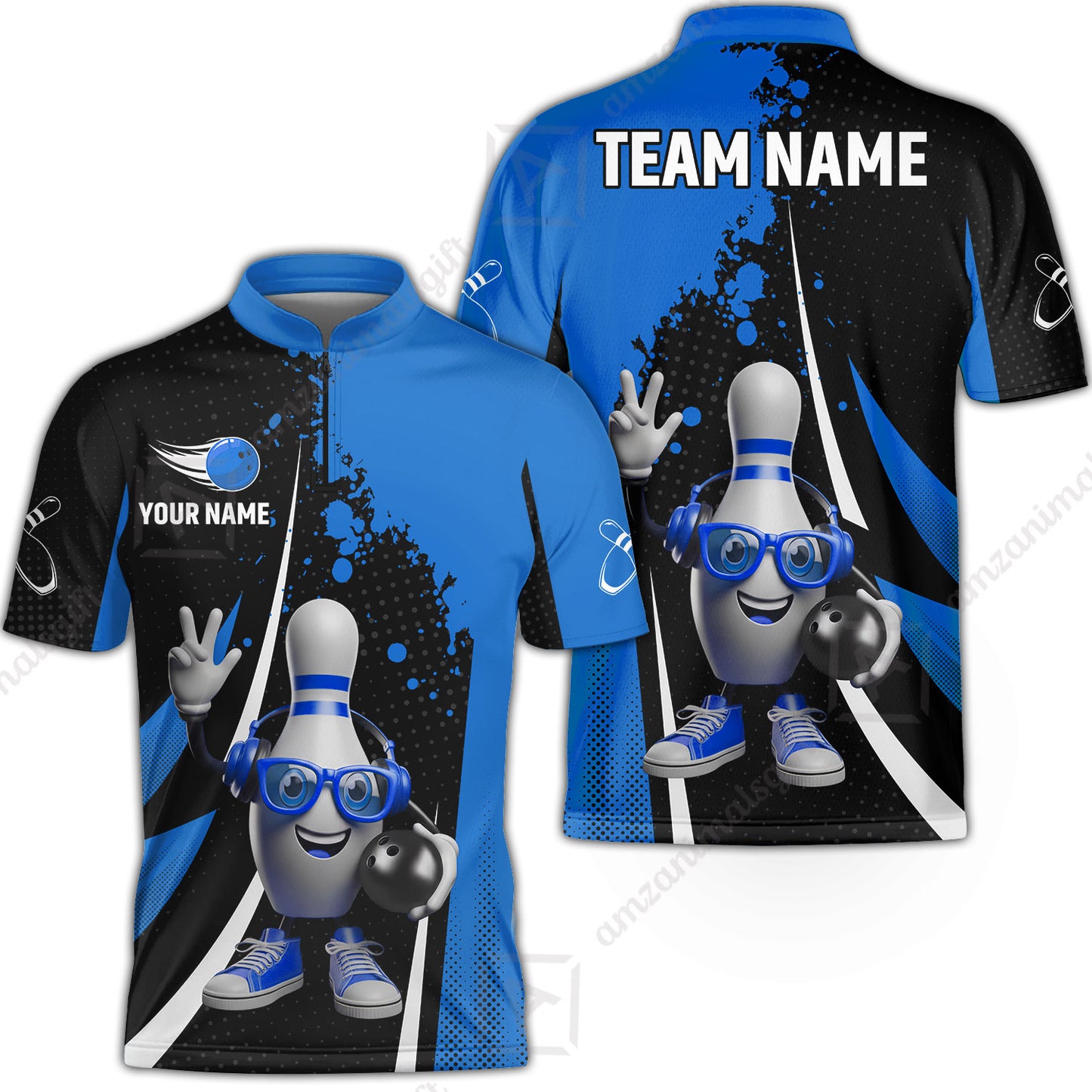 Customized Bowling Unisex Polo Shirt, Halftone Bowling Pin Wearing Headphones Sunglasses, Personalized Name And Team Name