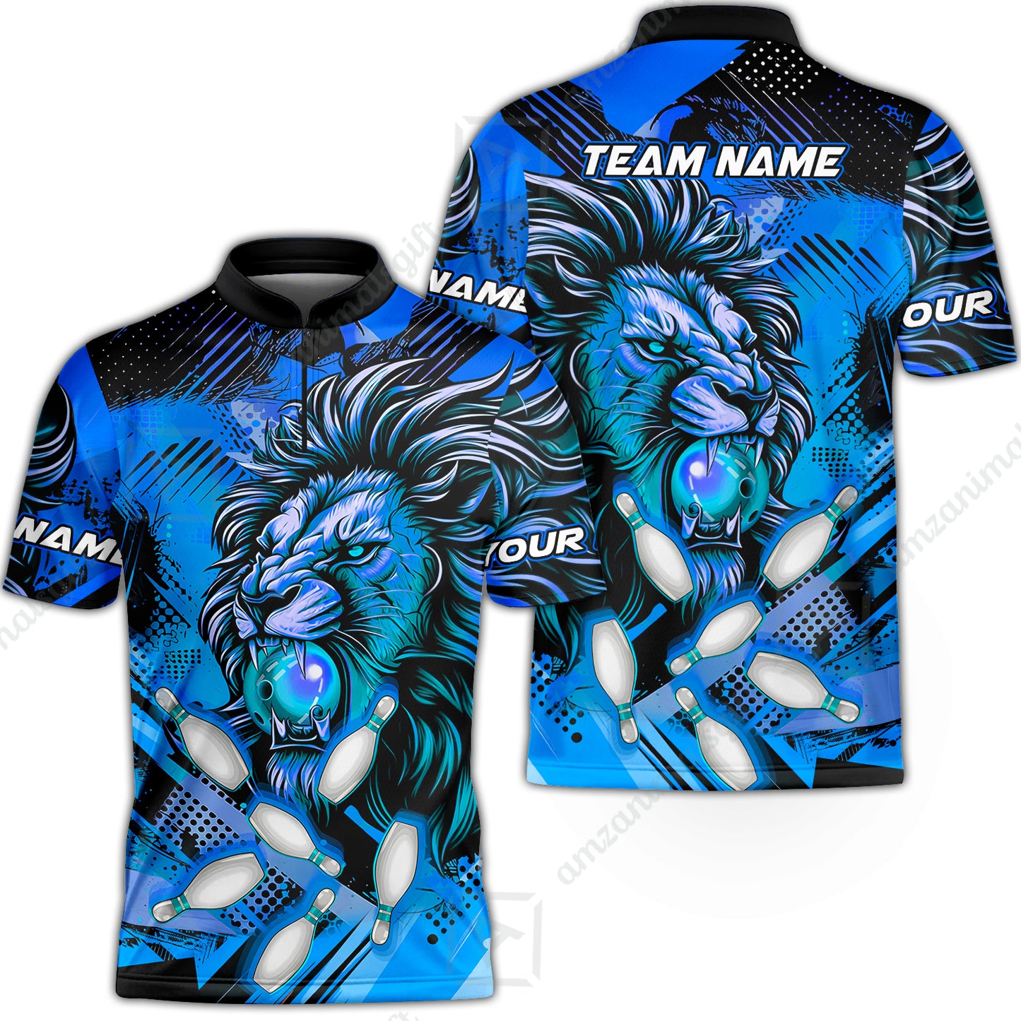 Custom Bowling Team Jerseys Shirts, Bowling uniforms Ball & Pins Lion Pattern Personalized Name And Team Name